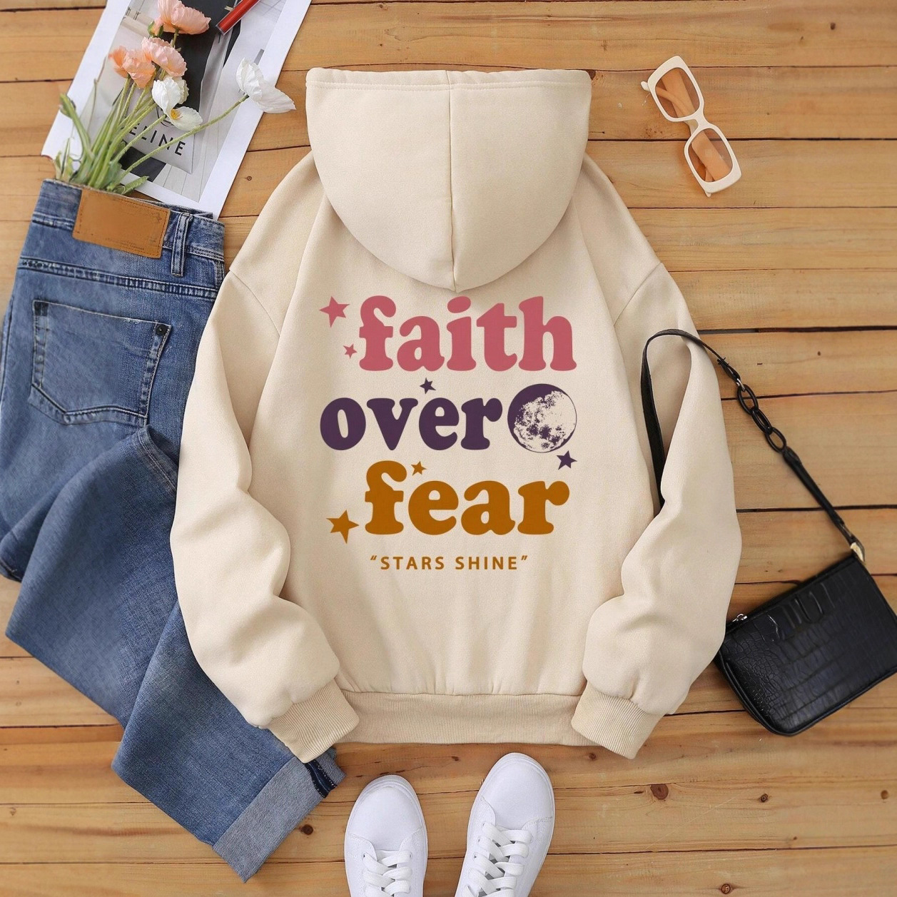 Free shipping designer New Version European Size Women Drop Shoulder Sleeve Ribbed Faith Over Fear Fashion Sweatshirt Hoodie Print High quality clothi