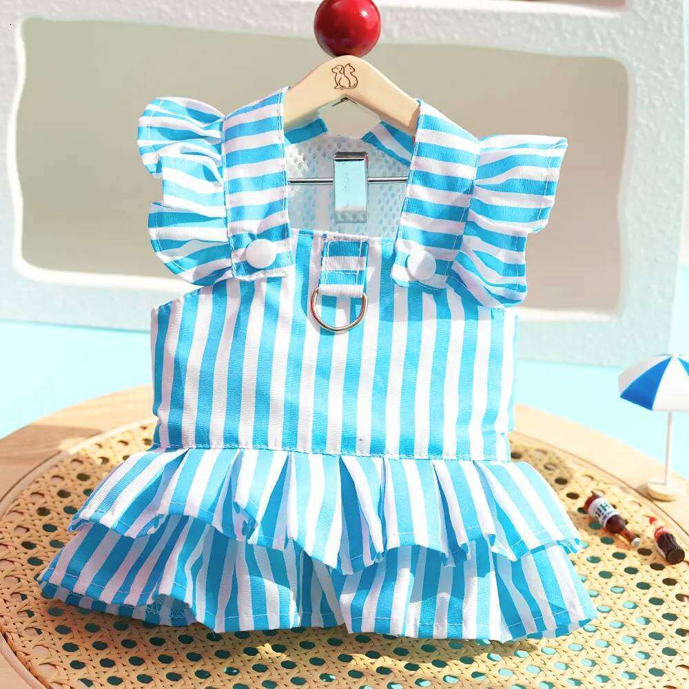 Dog Cat Leashable Little Flying Sleeve Striped Breathable Jumpsuit Pet Dress Suitable for Spring and Summer