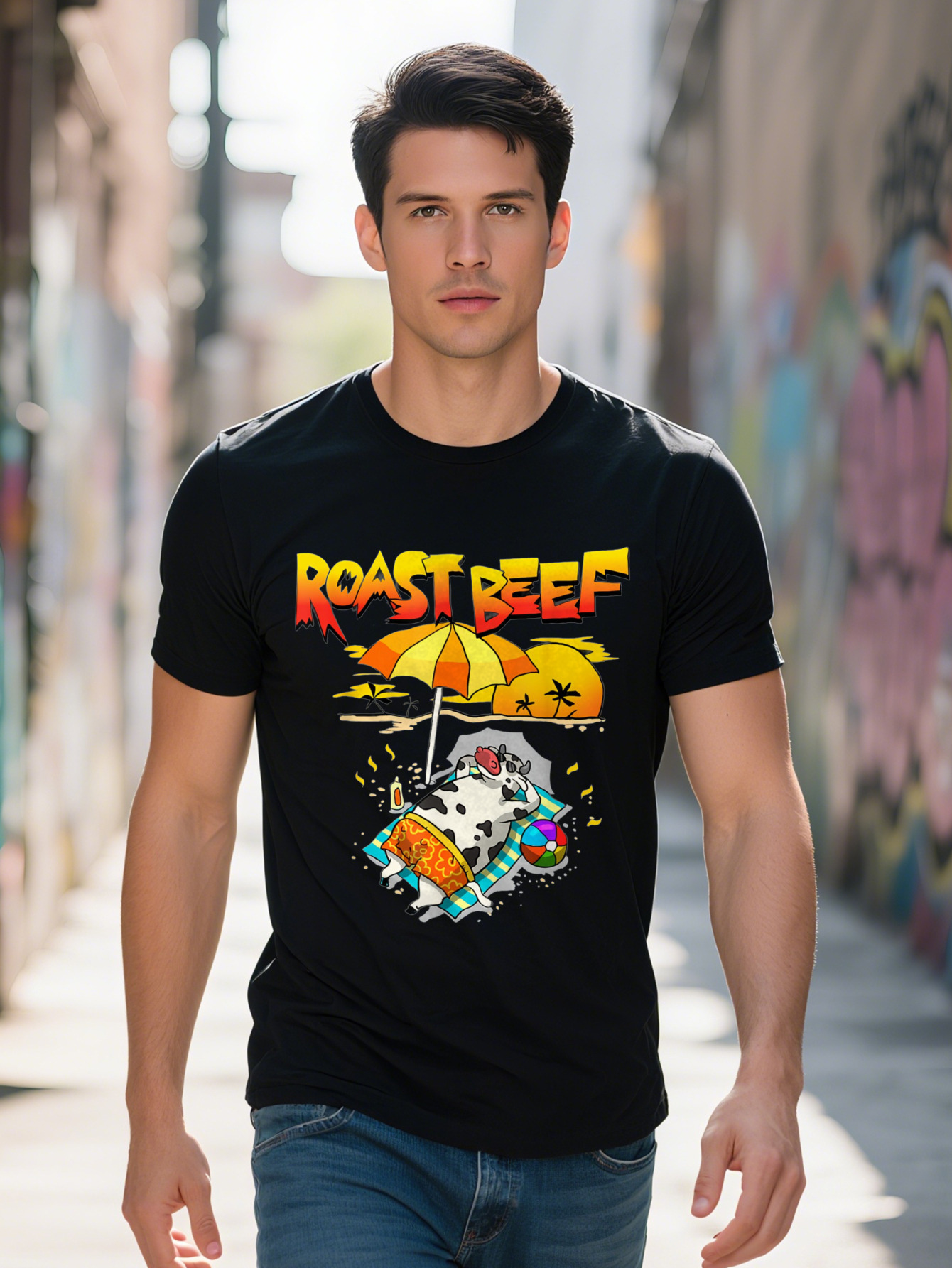 Roast Beef Shirt Cow On Beach Vacation Sun Tan Summer Lover Cotton T-Shirt 3b143