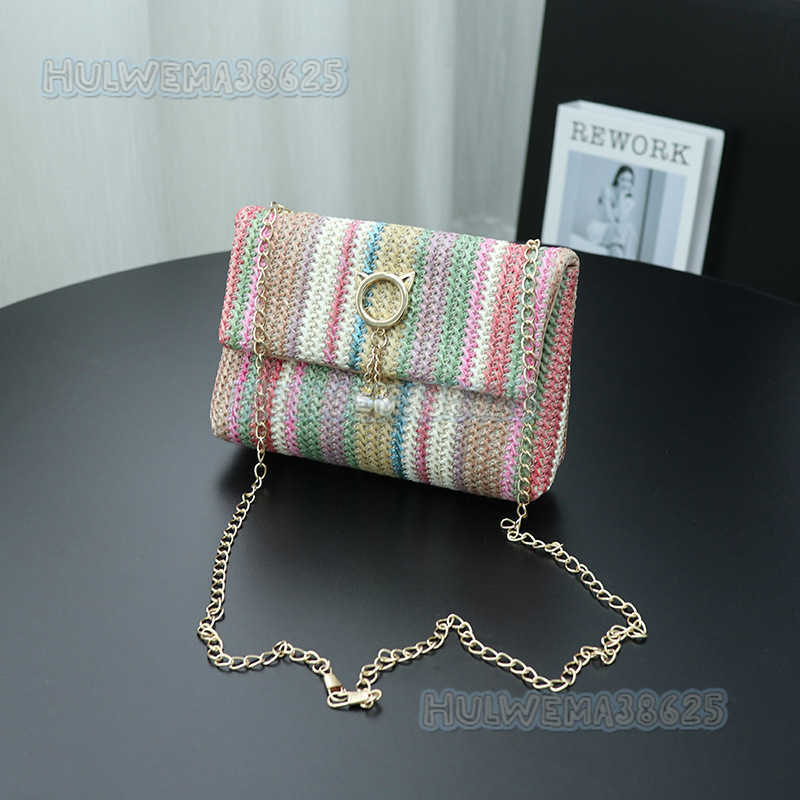 Colorful Woven Shoulder Bag 2025 New Summer Flap Small Square Bag Versatile Fashion Straw Chain Bag H250804