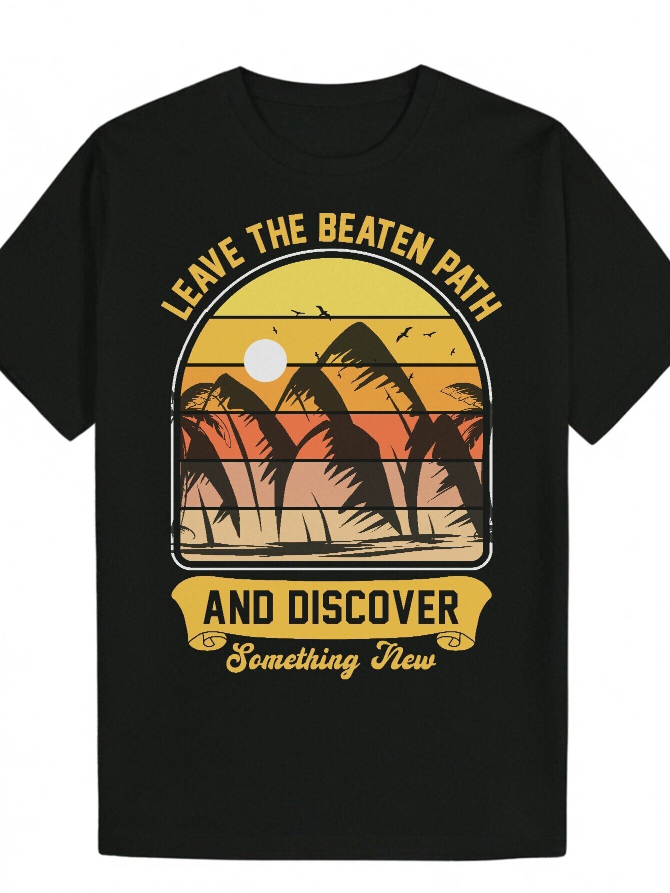 Men's Summer Pattern Printed Polyester T-Shirt - "Step Out of the Old Path and Discover New Things" Design, Black with Yellow Letters, 