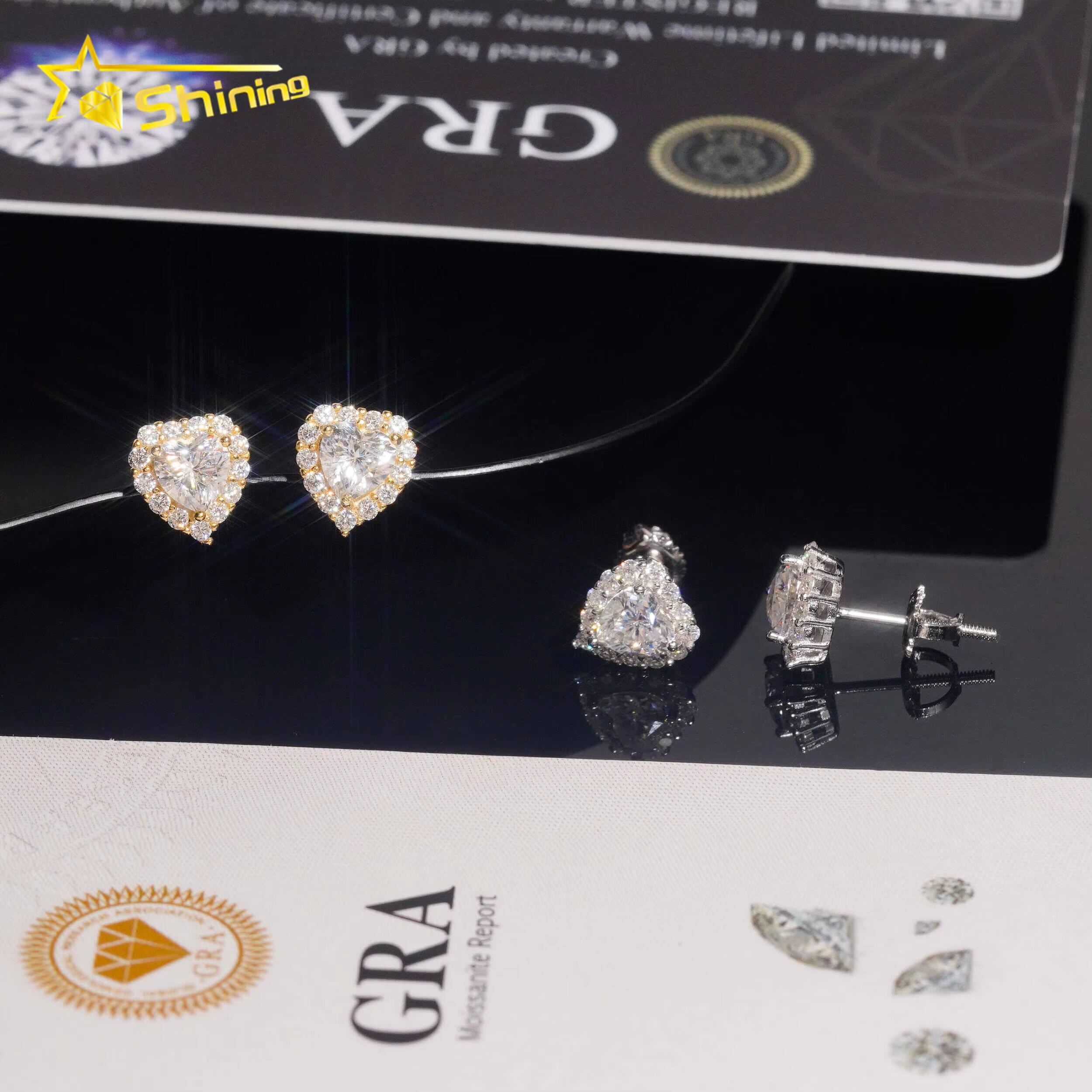 US Warehouse Fast Shipping Hip Hop Jewelry 925 Sterling Silver VVS Diamond Heart Cut Iced Out Moissanite Stud Earrings