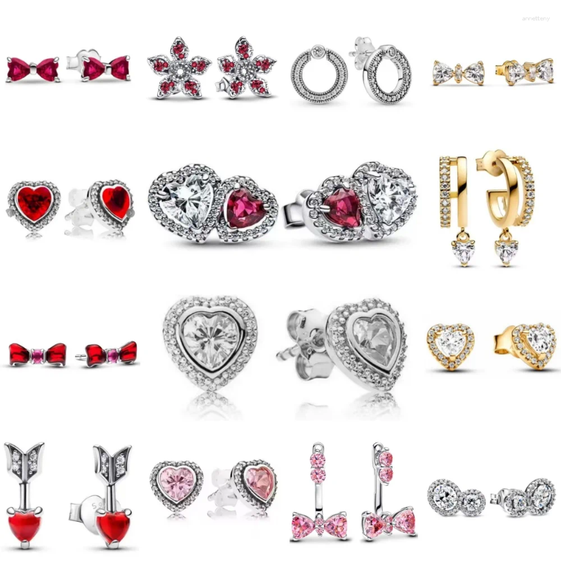 Stud Earrings 925 Silver Valentine's Day Gift Red Heart Bow Fit Original Charms Diy For Women Accessories