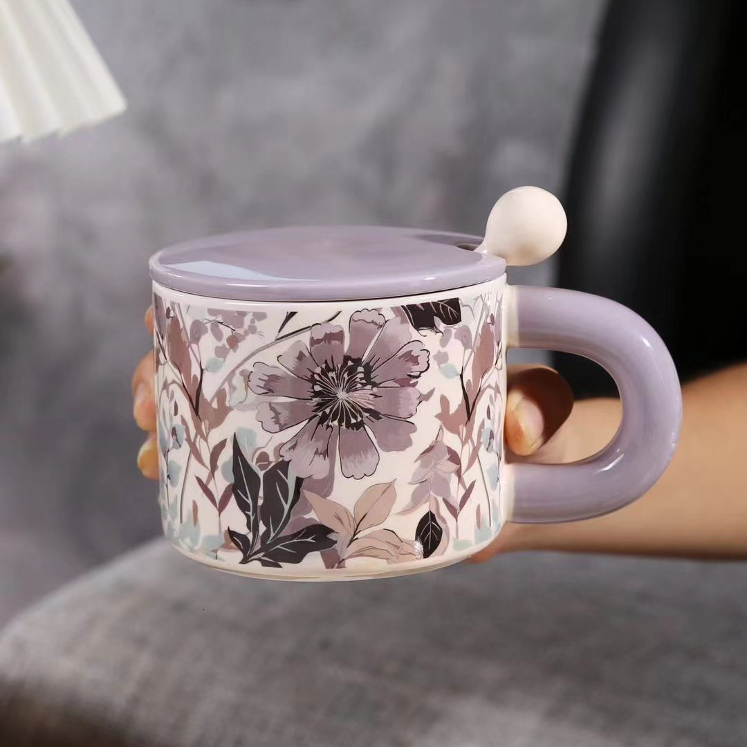 Light Luxury Flower Ceramic Cup with Lid and Spoon, High-Value Home Drinking Office Coffee Tea Cup, Mug