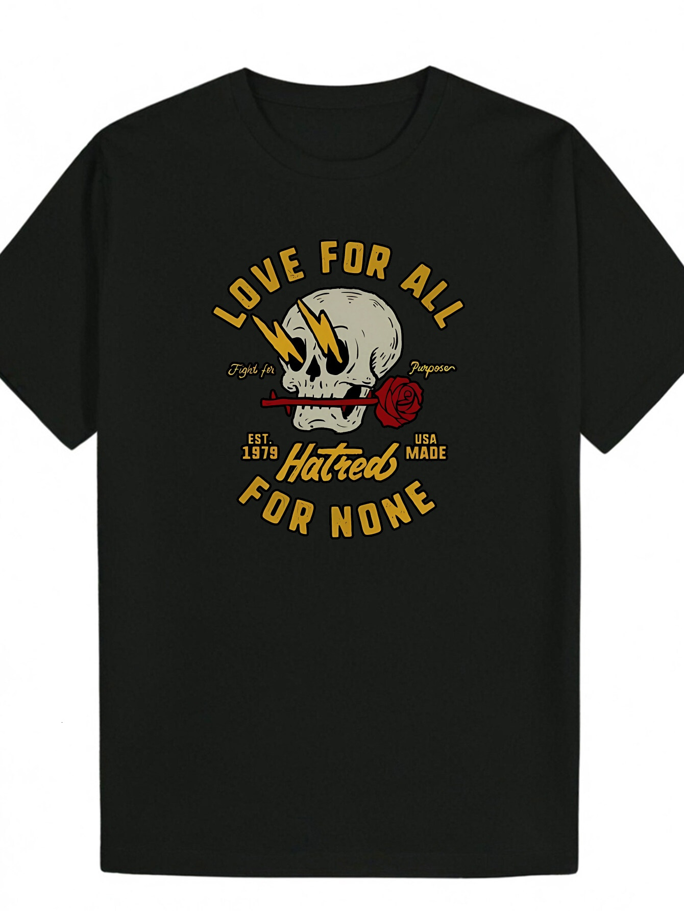 Men's Summer Casual Pattern - Black Skull and Rose Design with "LOVE ALL HATE for ONE" Slogan, Lightweight Polyester Crew Neck T-Shirt,