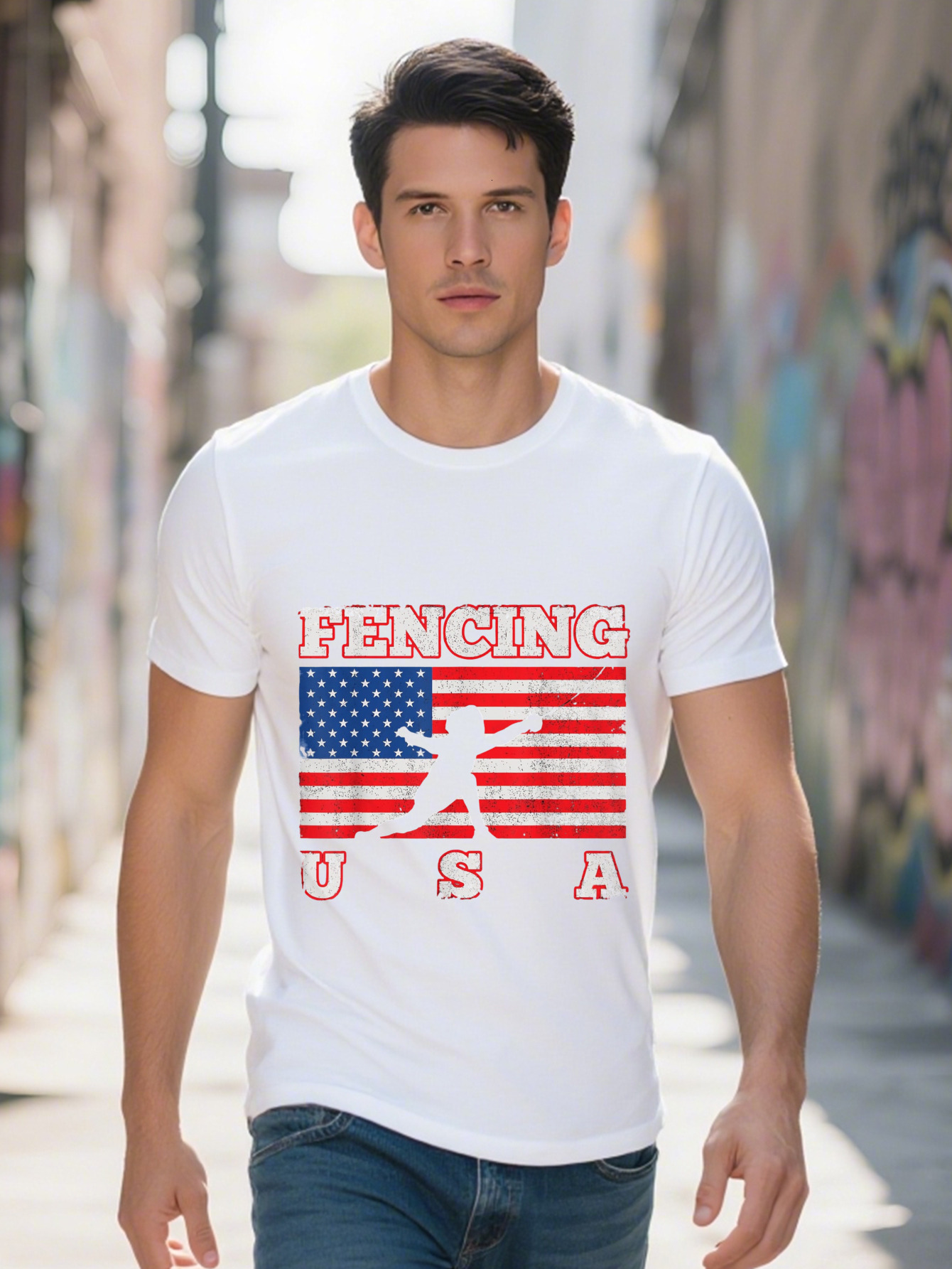 Men s Distressed American Flag Fencing Graphic T Shirt Cotton Short Sleeve Tee with Patriotic Swordsman 85af9