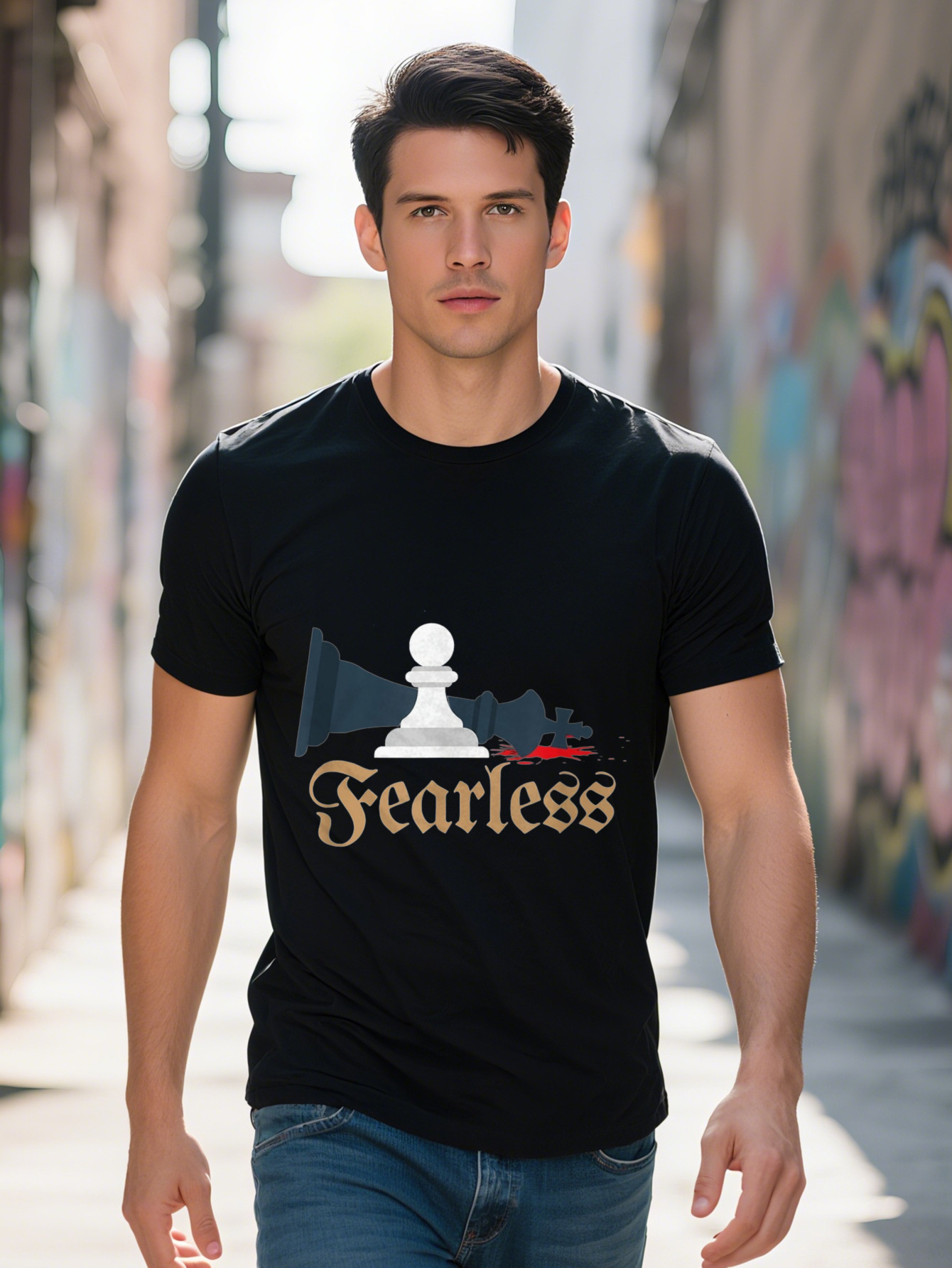 Men s Cotton Graphic T Shirt Fearless Design with Chessboard Knight Illustration Short Sleeve Crew Neck 81d98