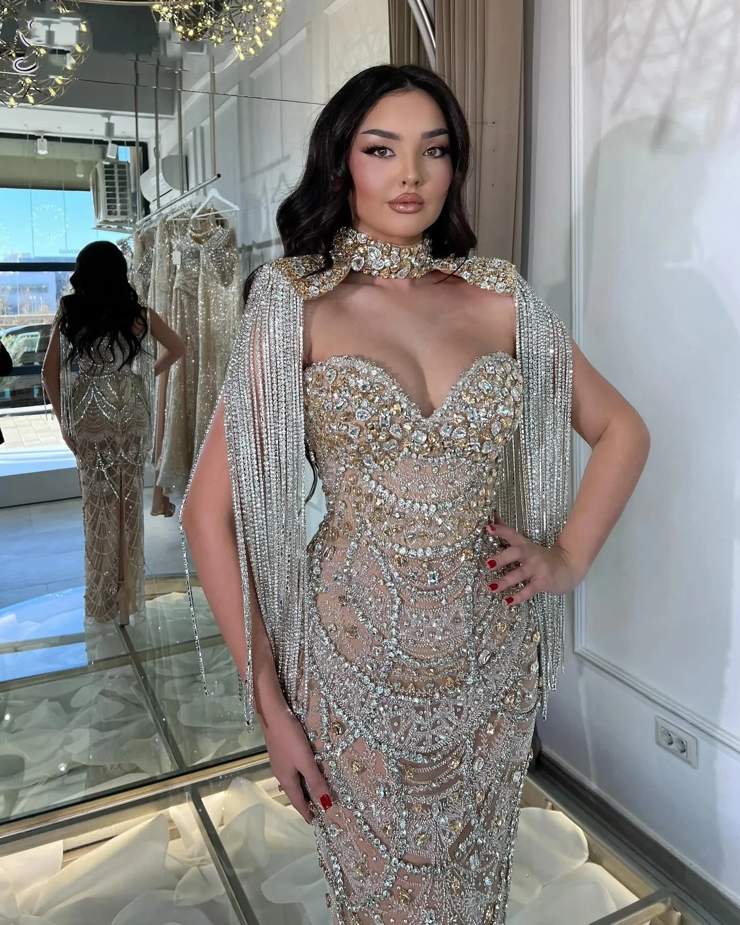 Exquisite Crystal Tassels Evening Dresses Customized Sexy Sequined Beaded Prom Dress Sleeveless Floor Length Party Gown