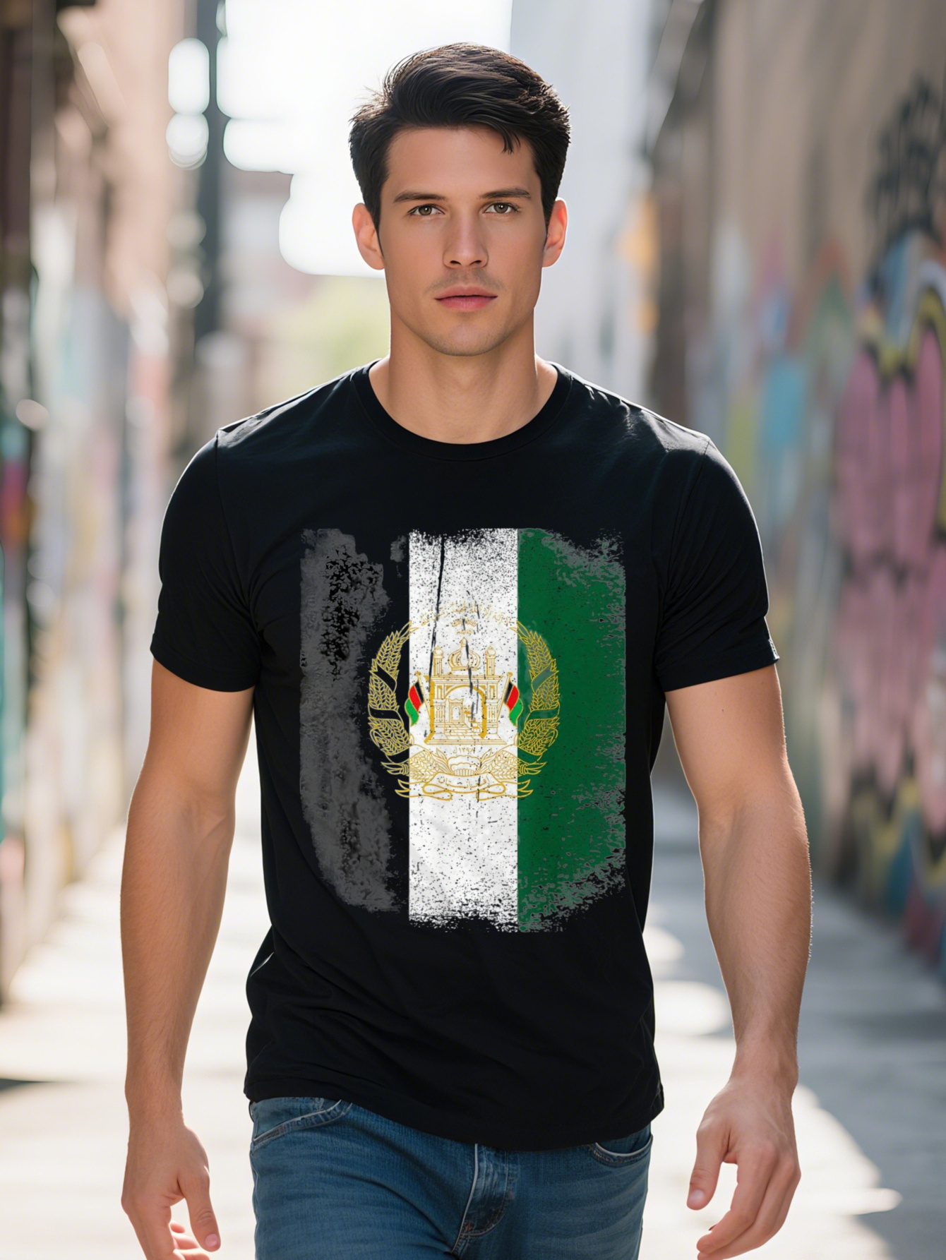 Men's 100% Cotton T-Shirt - Panjshir Valley Logo Design, Black with Green & White Stripes, All-Season Casual Short Sleeve T-Shirt, Lightweight Br