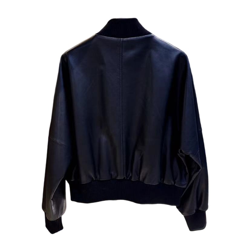 Fashionable black pilot jacket top ribbed stand up collar PU leather jacket men's leather jacket