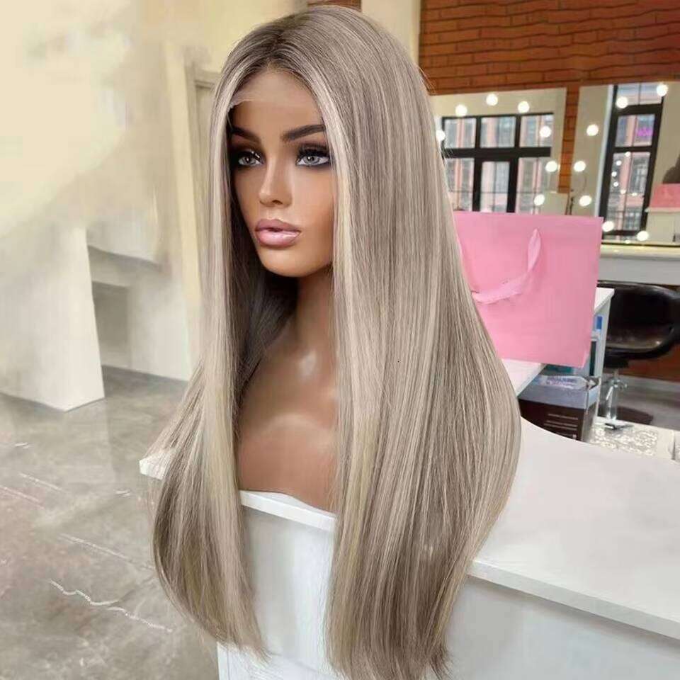 Full Human Hair for Women Highlight Ash Grey Blonde Straight with Silk Base Transparent Lace Front Wigs 10-30"
