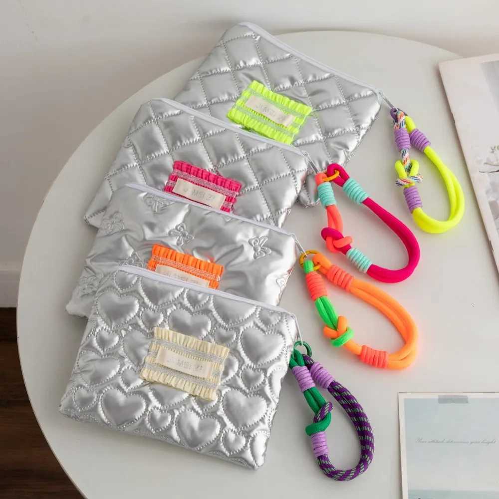 Korean Style Love Heart Silver Coin Purse with Hanging Rope Small Item Bag Handbag Wallet Stuffed Cotton Cosmetic Bag Girls G250802