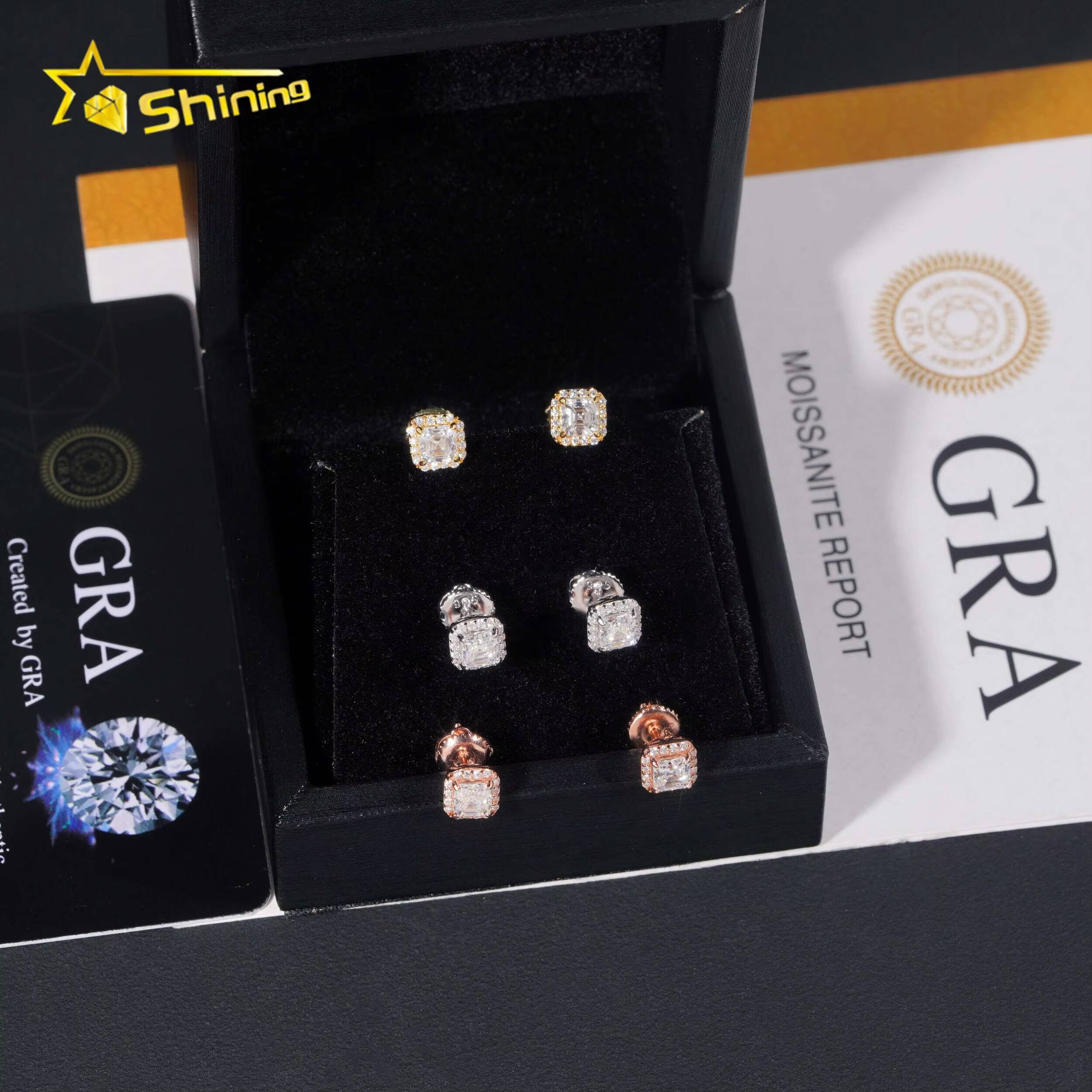 Pass Diamond Tester 925 Sterling Silver Hip Hop Stud Halo 4mm Asscher Cut Mens VVS Diamond Earring