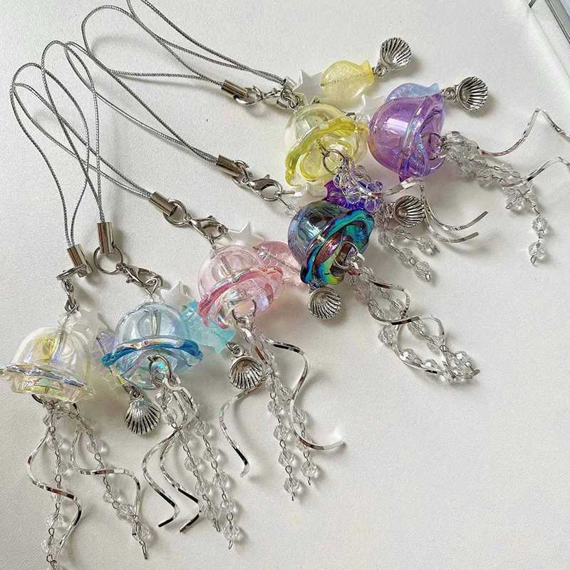 2K Jellyfish Tassel Mobile Keychain Jellyfish Beaded Phone Charm Keycord Korean Sea Shell Fish Beads Chain Backpack Keyring G250802