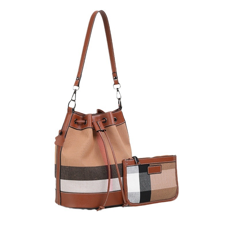 Dermal bucket bag plaid bag canvas - spliced single - shoulder and cross - body bag mother - and - baby bag new brown women's bag