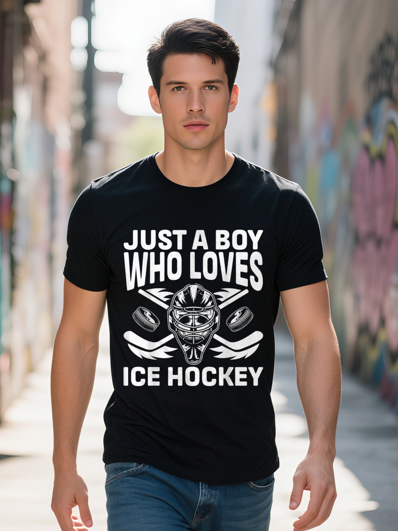 Men s Cotton T-Shirt Just a Boy Who Loves Ice Hockey Design Short Sleeve Crew Neck Black with Goalie Helmet c0df4