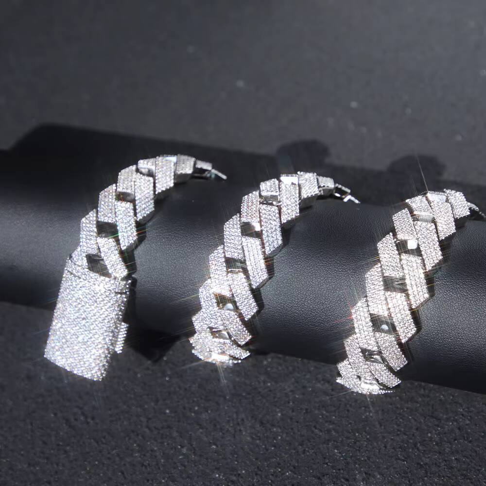 Handmade Big Chain 15mm 20mm 4rows Hip Hop Jewelry Cuban Chain 925 Sterling Silver with Round Brilliant Cut Moissanite Necklace