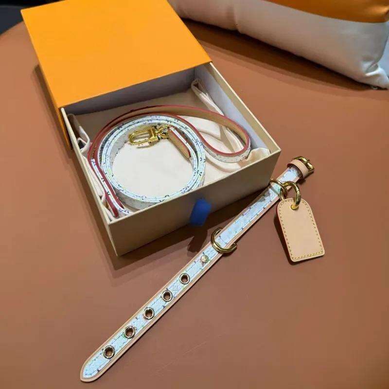 Designer Collars Set, White Multicolour Dog Tag, Durable Leather Collar and Leash with Metal Buckle for Small Dogs, Puppy Collar, S Free shipping