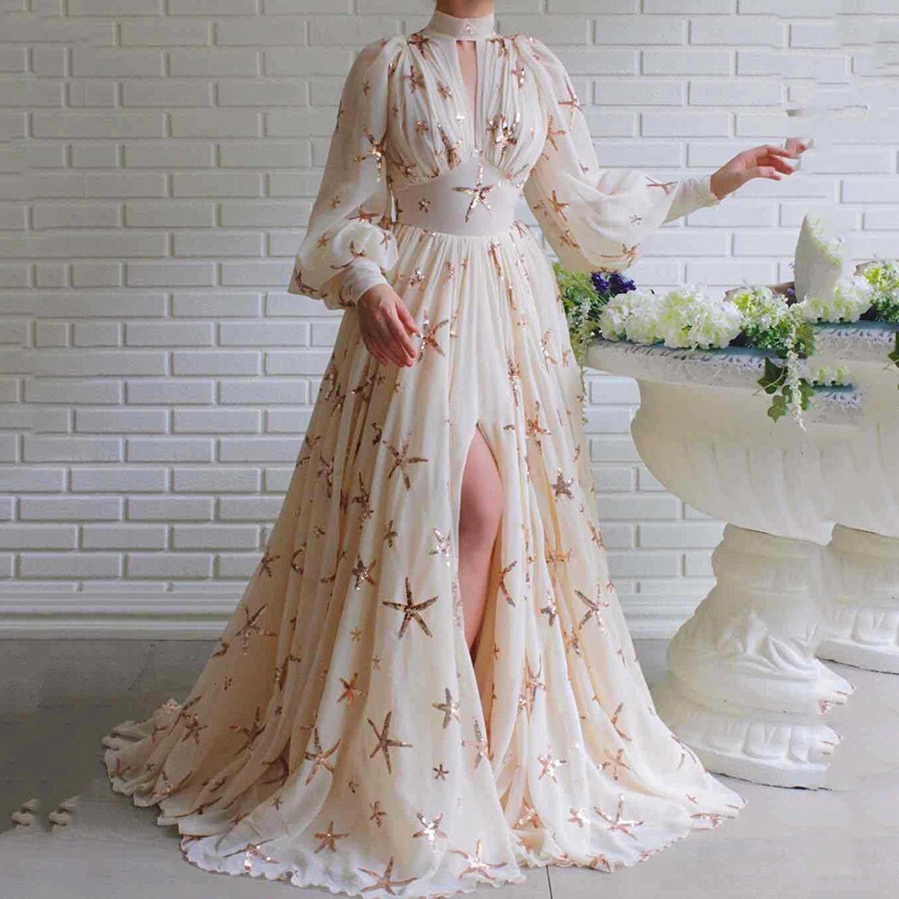 2025 New Multi Color Large Half High Collar Sparkling Lantern Sleeve Horn Chiffon Dress New Designer Dress