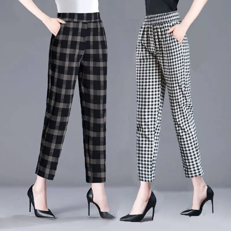 1pcs Spring Summer Women Cotton Comfort Breathable Pants Female Grid Flower Print Casual Loose Lady Haren Straight Leg Pant dongdumaoyi