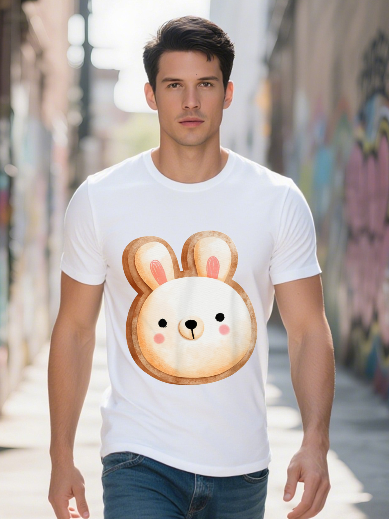 Men s Cotton T Shirt Casual Crew Neck Short Sleeve Tee with Bunny Cookie Milk Print All Season Knit Fabric 3bf60