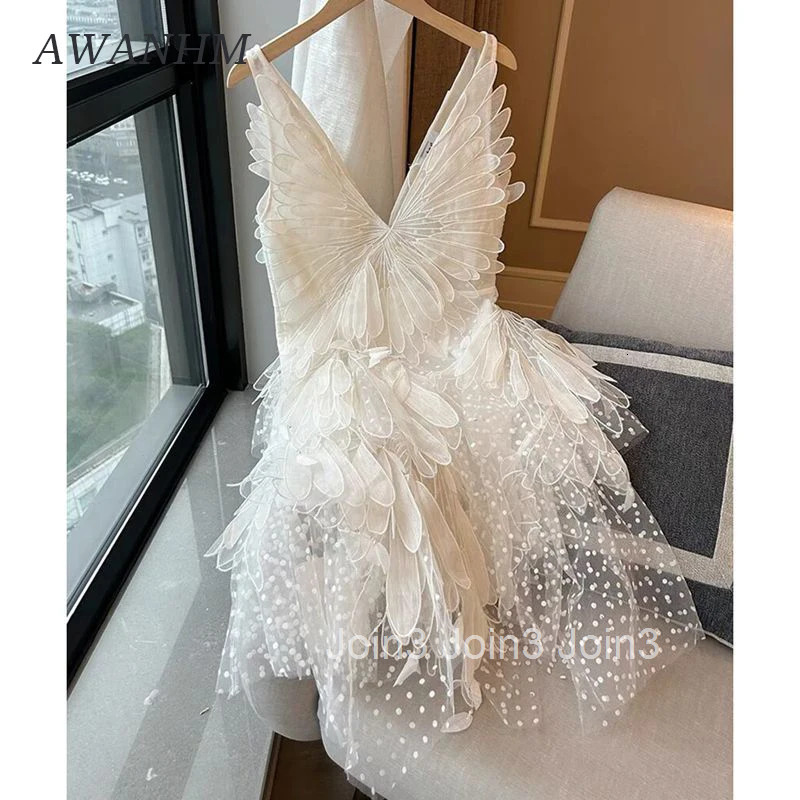 Summer Sleeveless V-neck White Swan Feather Short Dress Polka Dot Dress