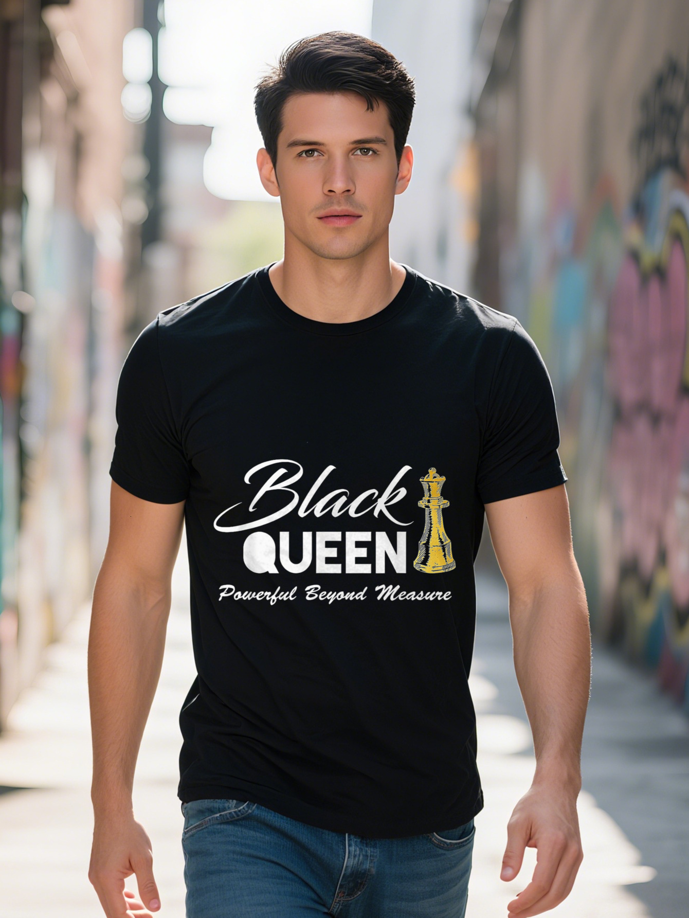 Men s Black Queen Powerful Beyond Measure Graphic T-Shirt Cotton Short Sleeve Round Neck Tee for Casual 168ed
