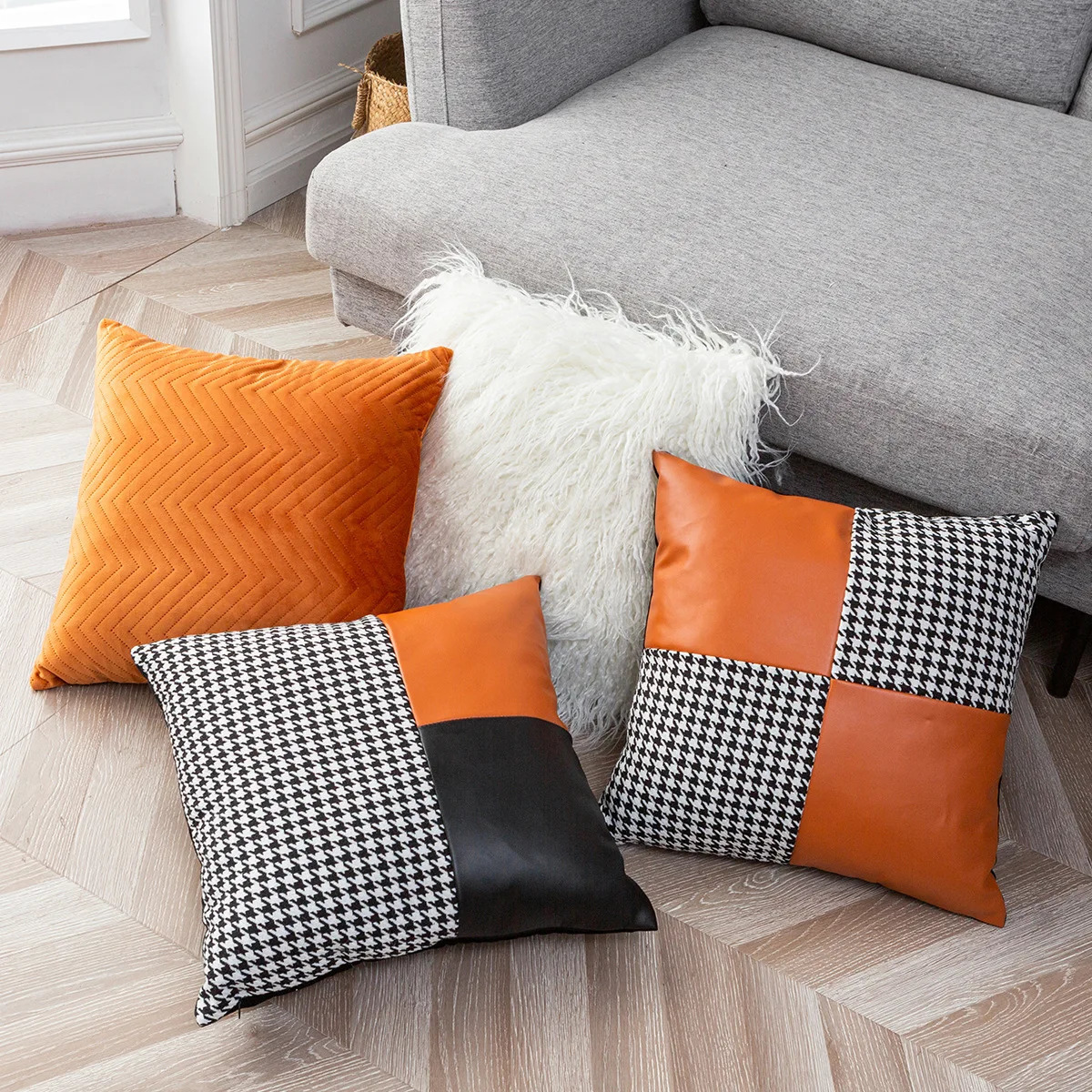 Luxury 45X45cm Square Orange pu Leather Cushion Cover Pillowcase Waist Pillow Cushion Covers Black White Houndstooth Pillow Case 250804