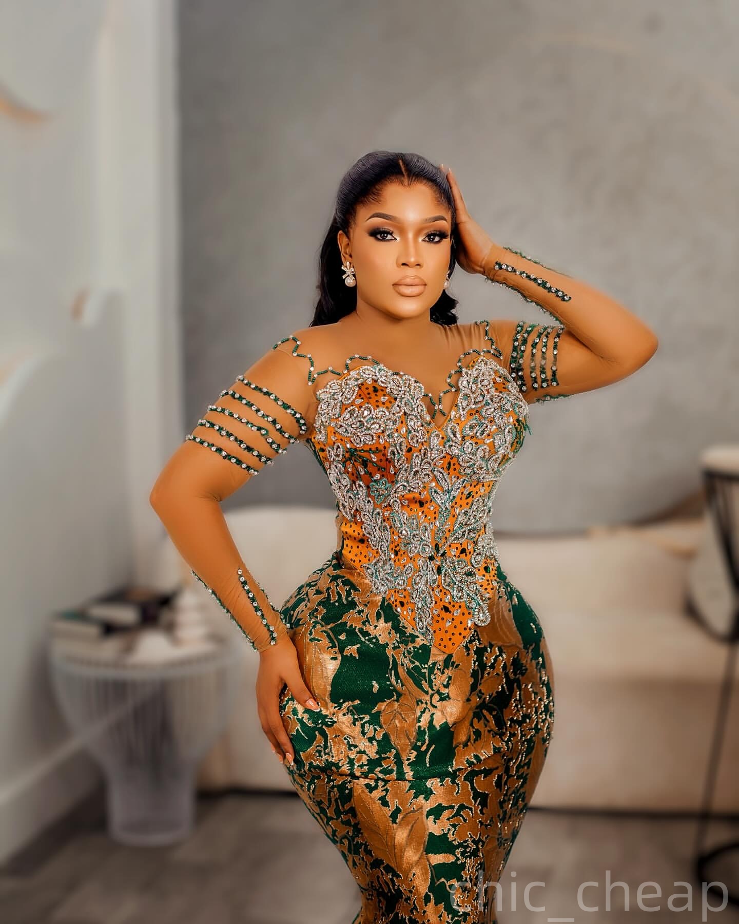 Gold Green Mermaid Prom Dresses 2025 Crystals Beaded Lace Evening Formal Party Second Birthday Engagement Gowns Plus Size Dress For Special Occasions 