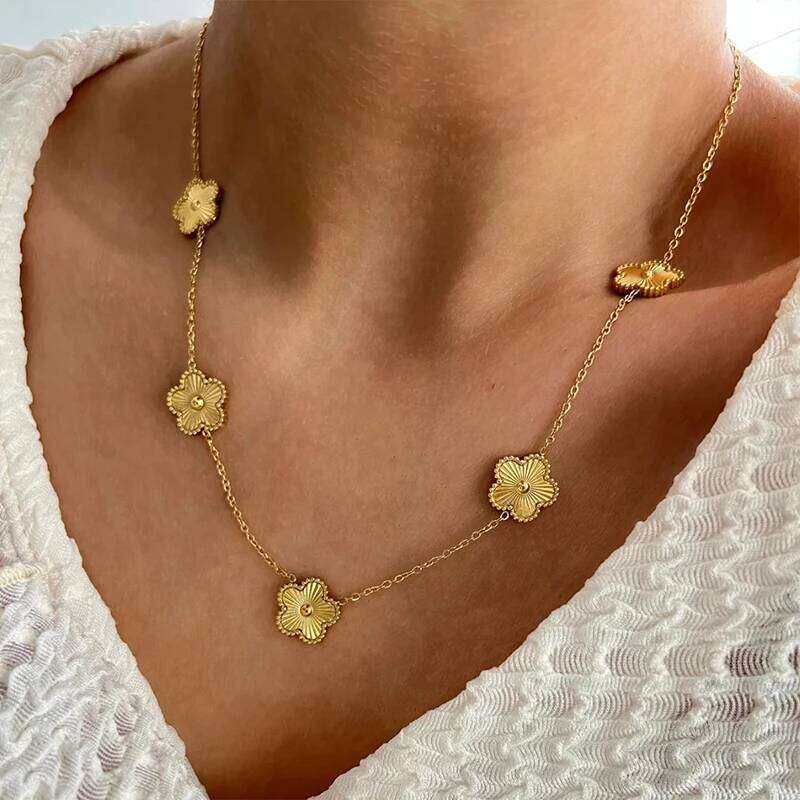 Gold Plated Stainless Steel Double Sided Chain Necklace for Women Five Flowers Clover Fashion Jewelry Accessories