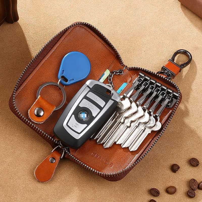 Mens Key Holder with 2 Card Slots + 1 ID Key Clip + 6 Key Rings + 1 Car Key Chain Genuine Leather Large Capacity Multi-Car G250802