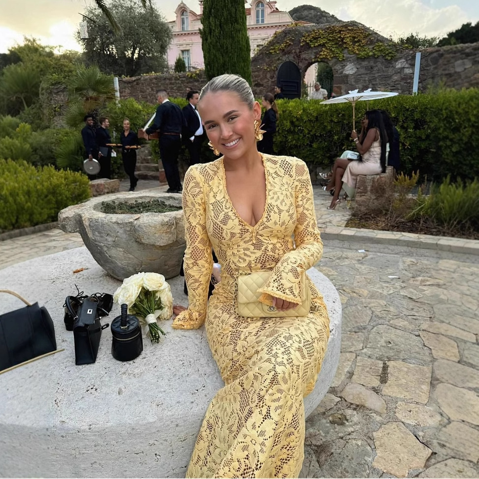 2025 trend European and American sexy fashion new deep V-long sleeved mesh hollow mermaid dress new designer dress