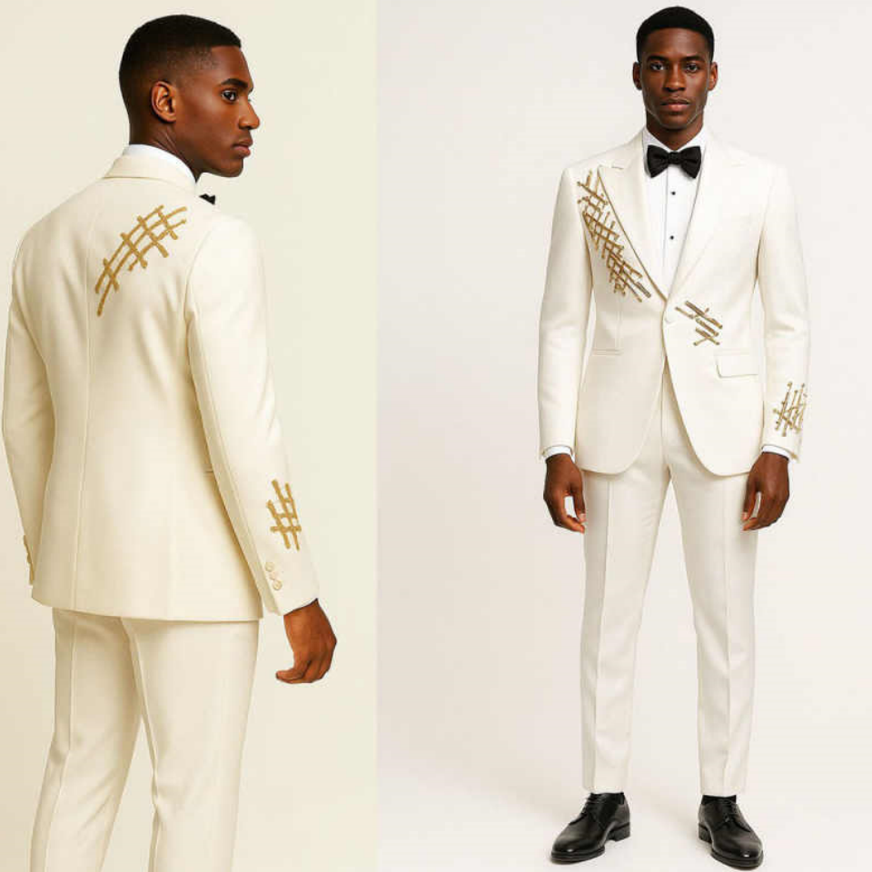 New Fashion Wedding Tuxedos Men Suits 2 Pieces Peaked Lapel Jacket One Button Appliques Customized Pockets Bridegroom Formal Prom Party Tailored