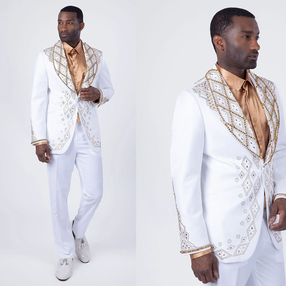Fashion Men Suits Tailor-Made Shawl Lapel Jacket 2 Pieces Set Rhinestone Blazer One Button Groom Customized Coat Pants Plus Size