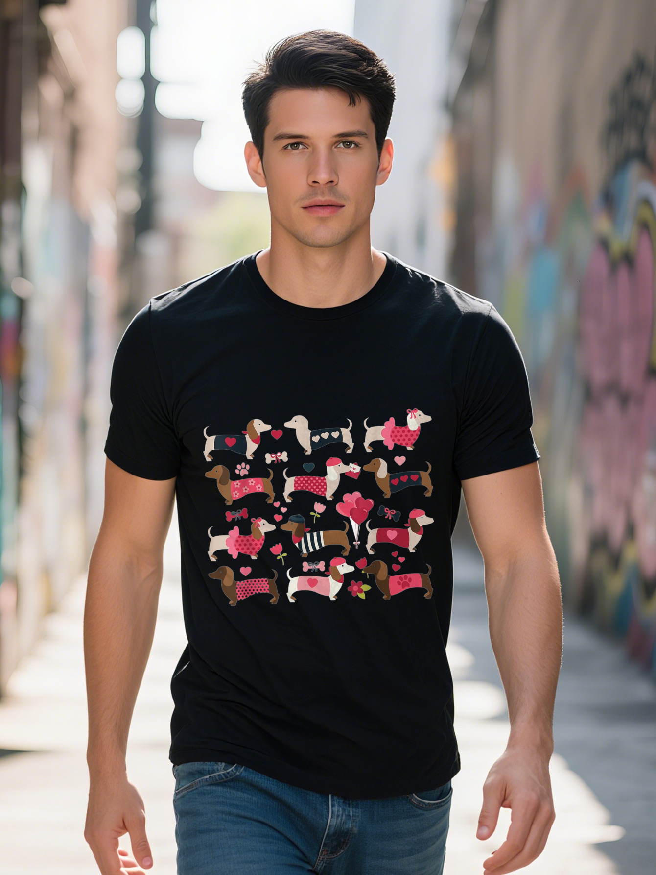 Men s Cotton T Shirt with Playful Dachshund Heart Balloons Design Casual Crew Neck Short Sleeve f37a6
