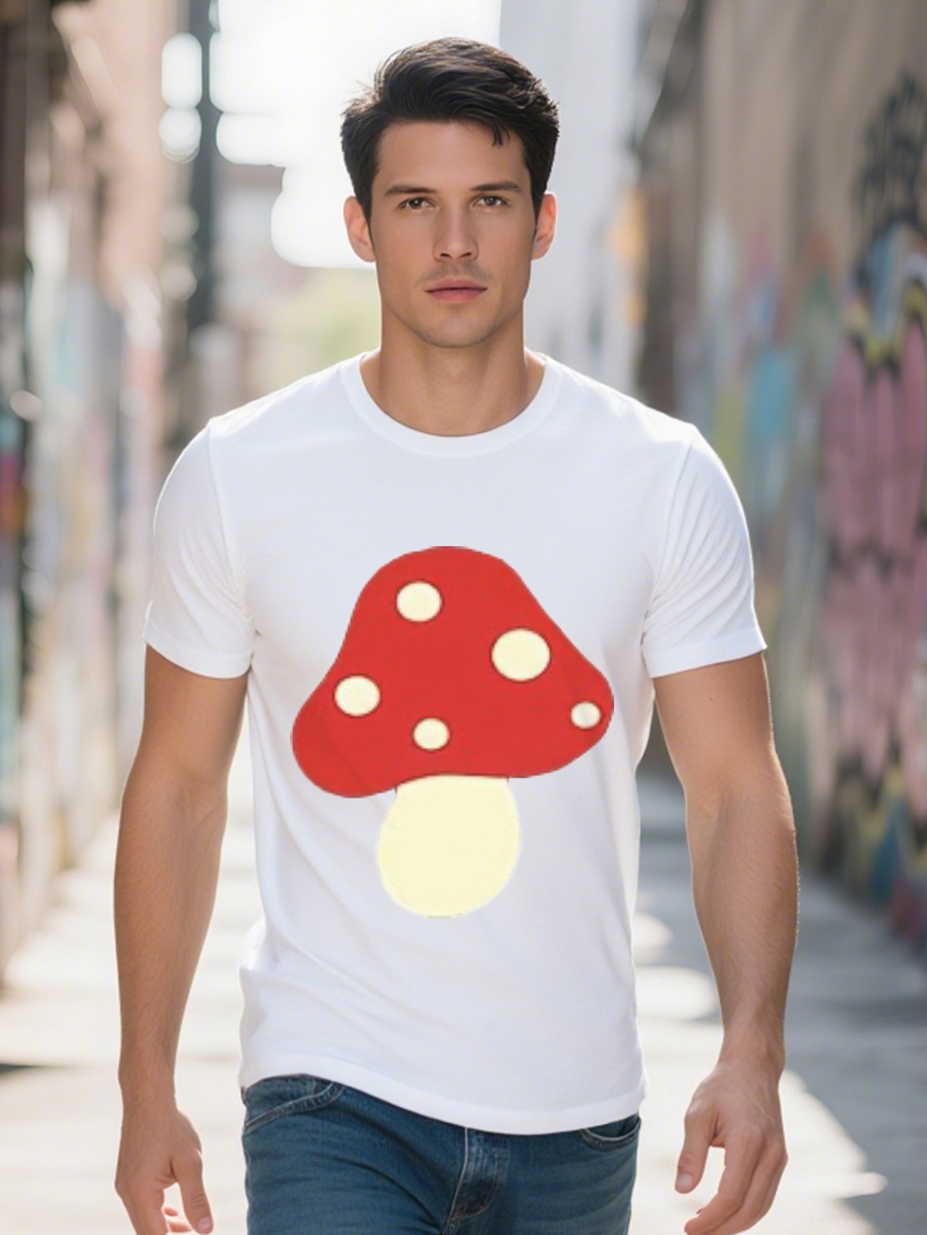 Men s Soft Cotton T Shirt with Cute Red Mushroom Graphic Short Sleeve Black Lightweight Breathable for Casual 76ea4