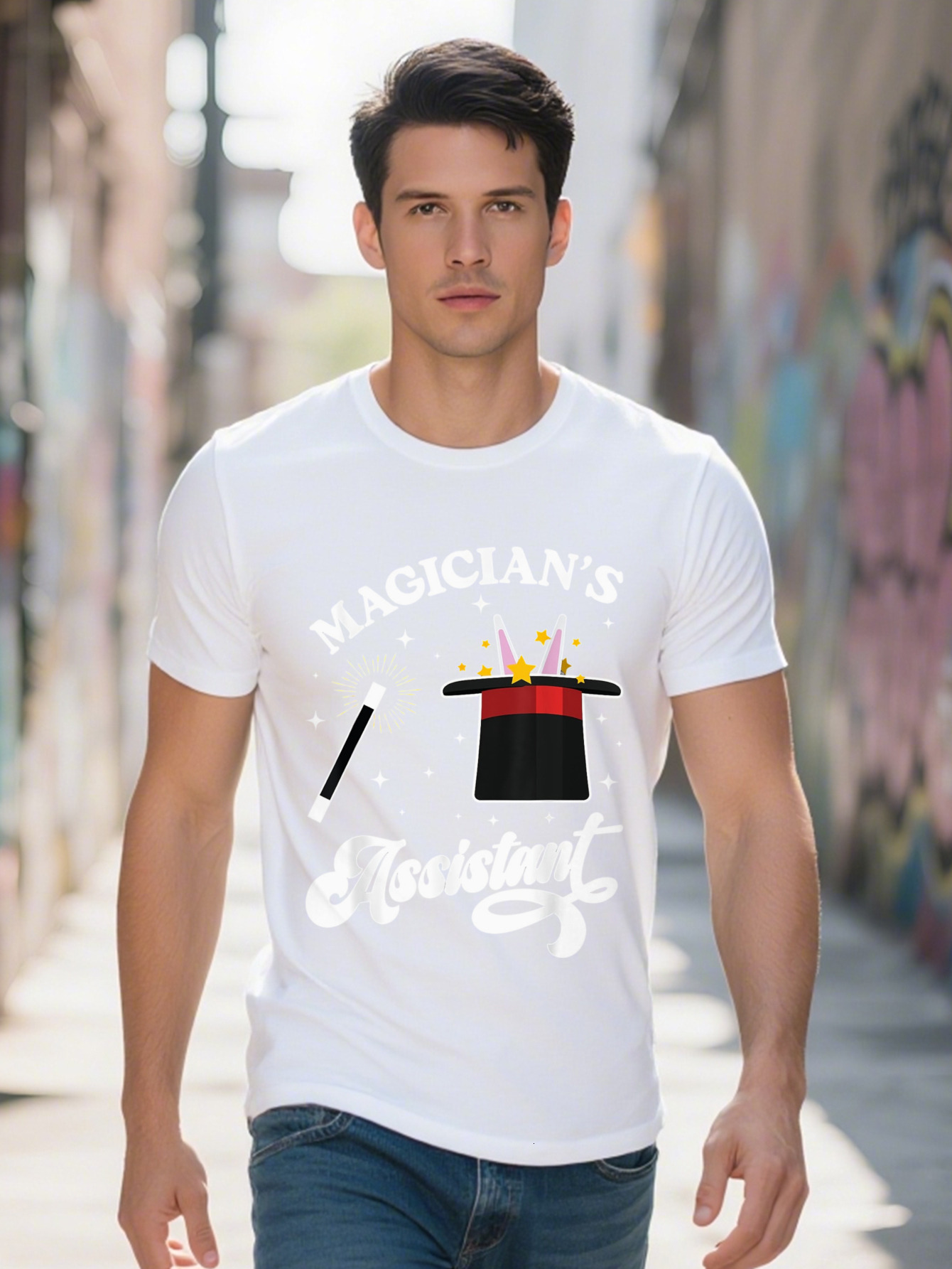 Men Magician s Assistant Graphic T Shirt Cotton GSM Short Sleeve Tee with Magic Hat Stars Design Regular 64916