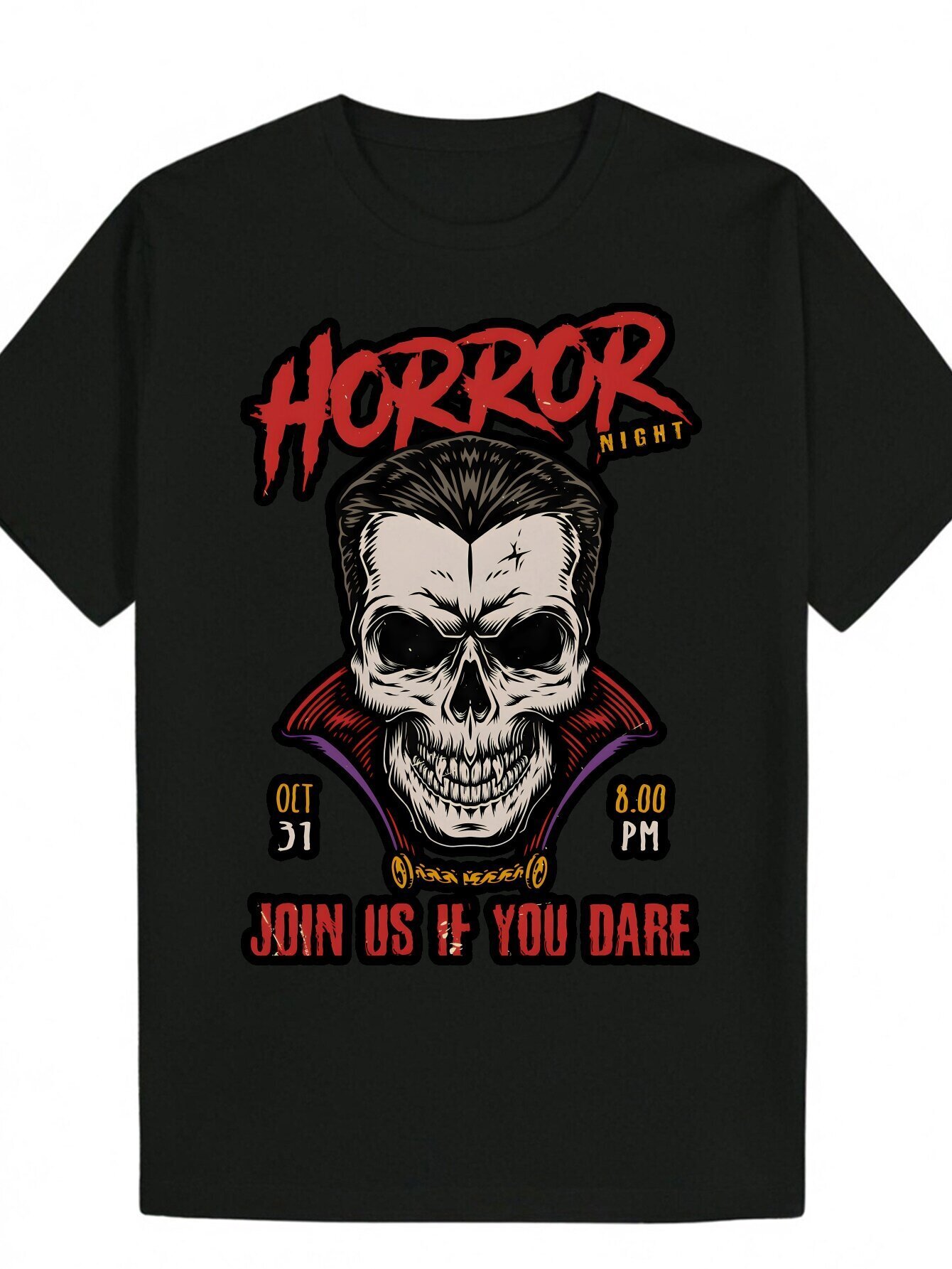 Men's Summer Neck Polyester T-Shirt with 'Horror Night' Pattern Design, Skull Print, Regular Fit, Round Neck, Slightly Elastic Fabric, 