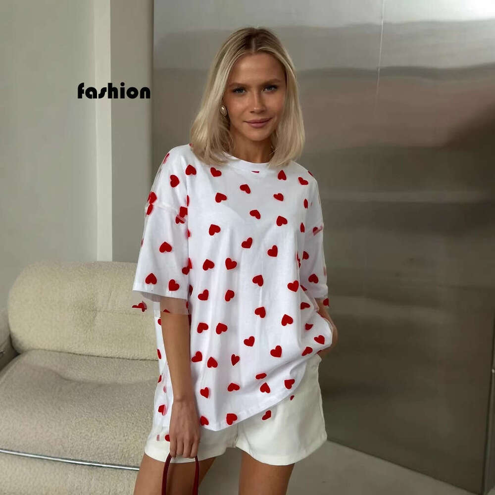 New Style Sexy Women's Heart Mesh Patchwork Loose Basic Round Neck Short Sleeve T-Shirt B5 b7