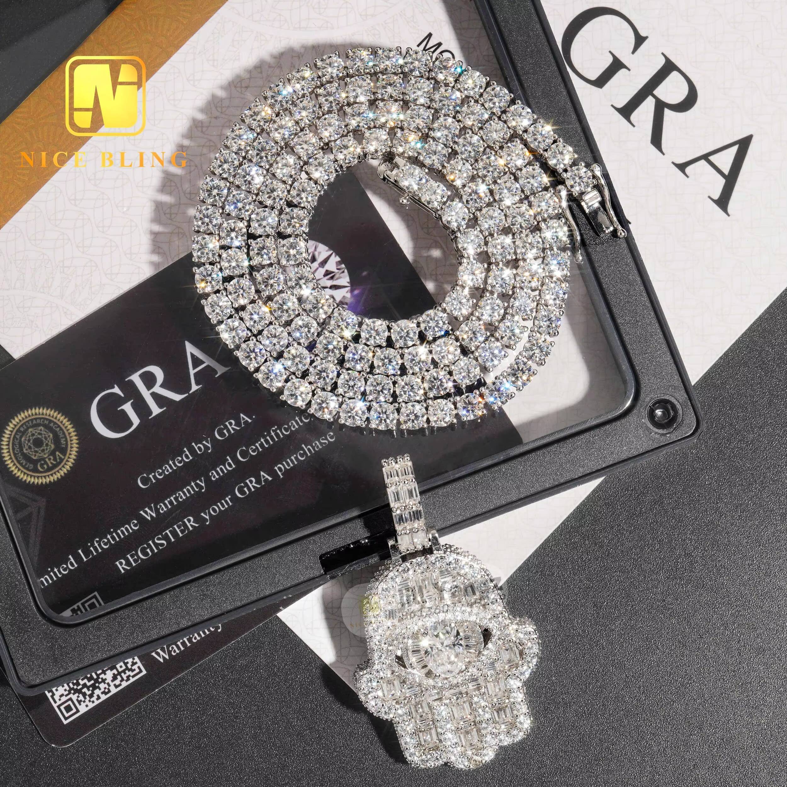 Big Stone Eye Fatima Hamsa Hand Charms Jewelry Moissanite Silver Hip Hop Rock Iced Out Christmas Gift for Women Men