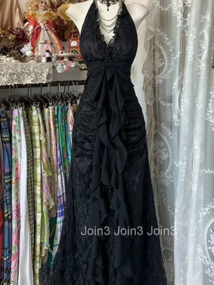 France Vintage Slim Slash Neck Sleeveless Dress Women Gothic Y2k V-neck Black Summer Dresses High Street Chic Skinny Clothing