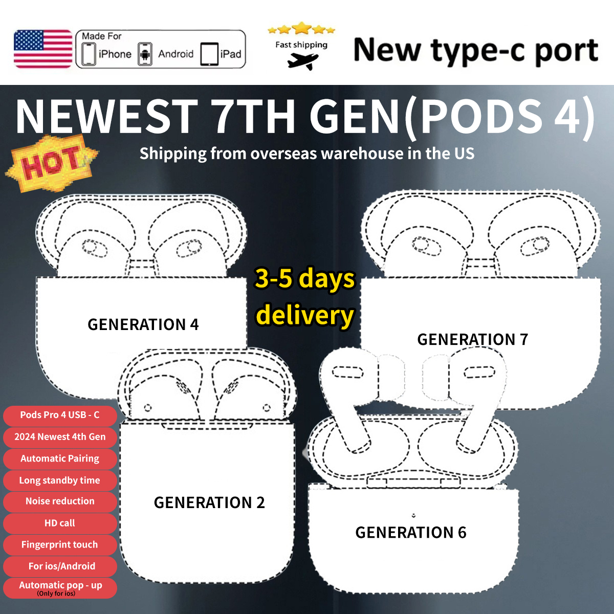 2/3/4/6/7th wireless Bluetooth TWS earphones/earbuds: Apple & Android - compatible, semi - in - ear, ultra - compact, HIFI high - freq, deep bass, long - standby noise - canceling.