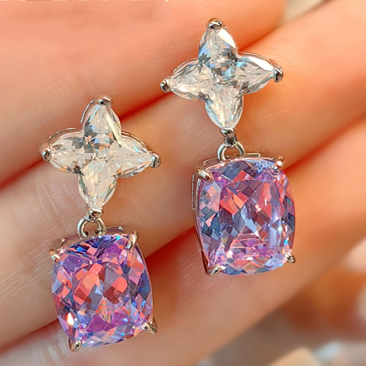 High-End Purple Kunzite Ice Flower Cut Earrings High Carbon Diamond Stud Earrings Jewelry Diamond Earrings for Women