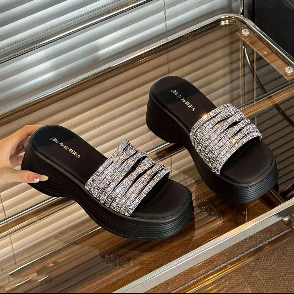 2025 New Trendy Summer Wedge Thick Sole Height Increasing Rhinestone designer shoes Slide Sandals for Outdoor Wear