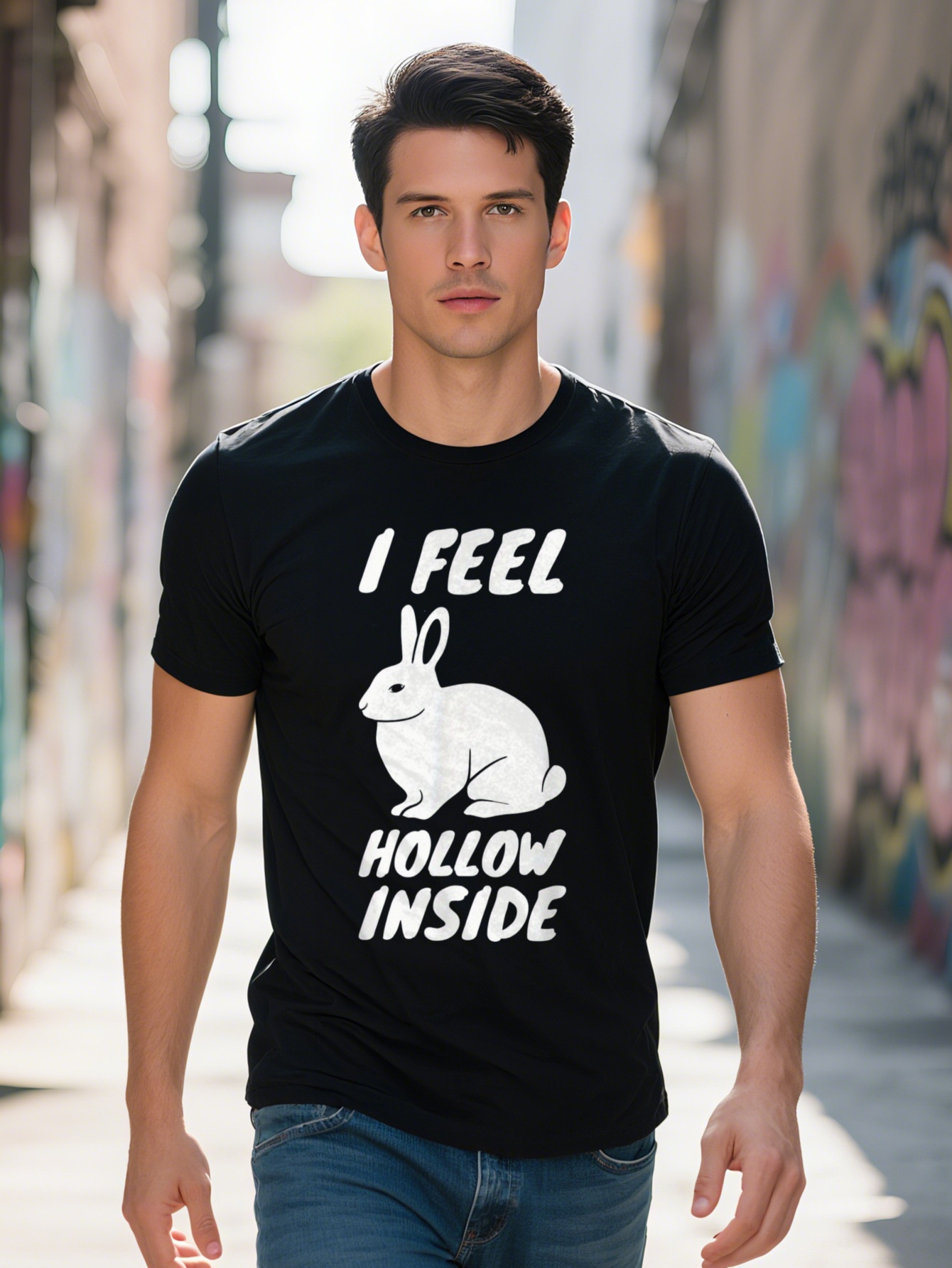 Men s Cotton T Shirt I Feel Hollow Inside Funny Easter Bunny Graphic Black with White Text Rabbit Illustration 17e9e