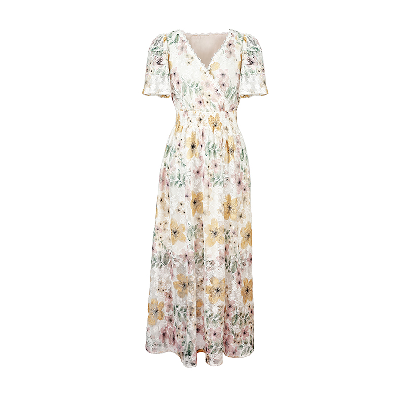 2025 summer new style ruffled high waist slim lace French elegant floral dress 6116190
