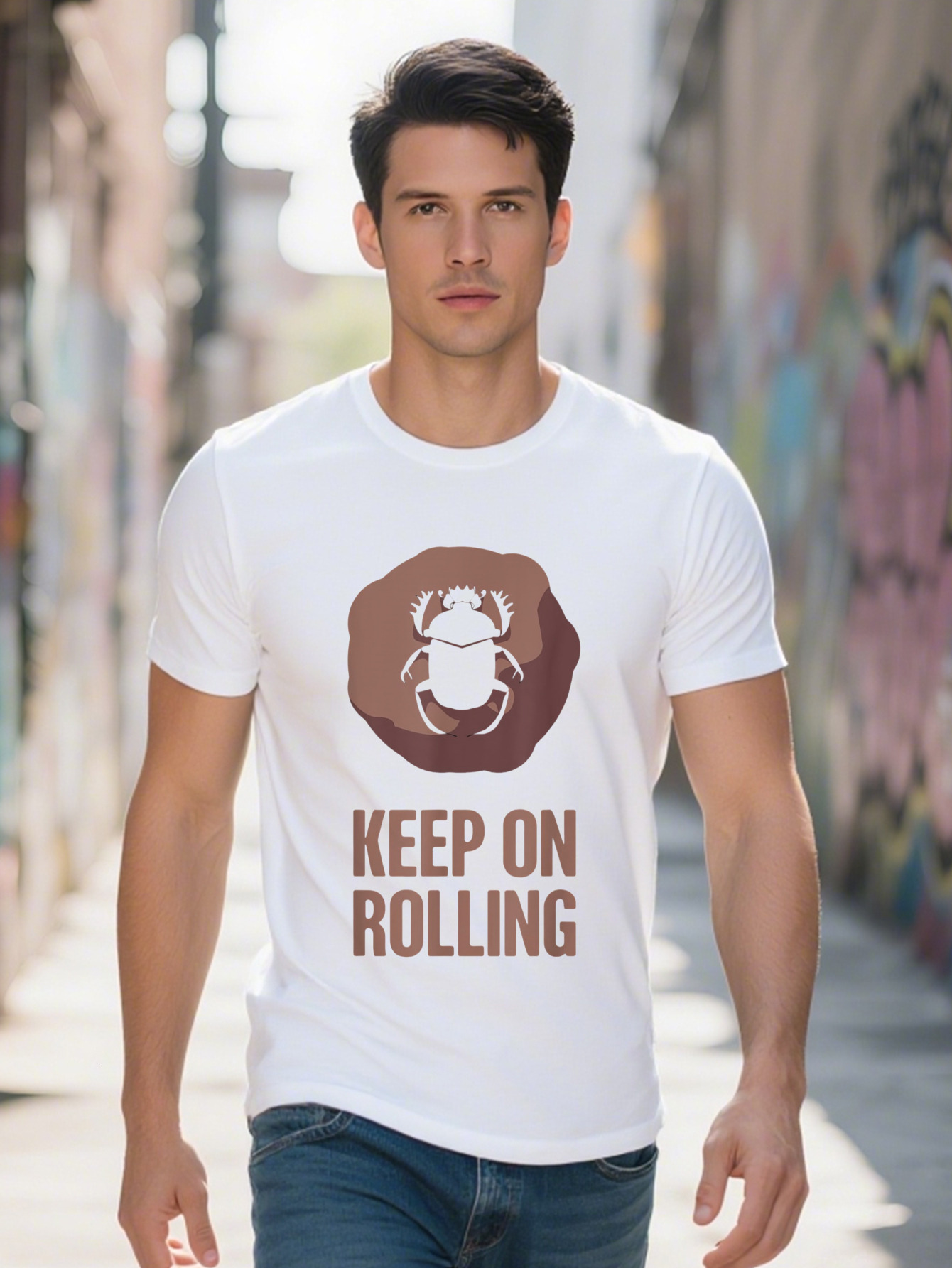 Men s Cotton T Shirt with Dung Beetle Graphic Keep on Rolling Bug Insect Science Design Casual Black Crew Neck 64a8b