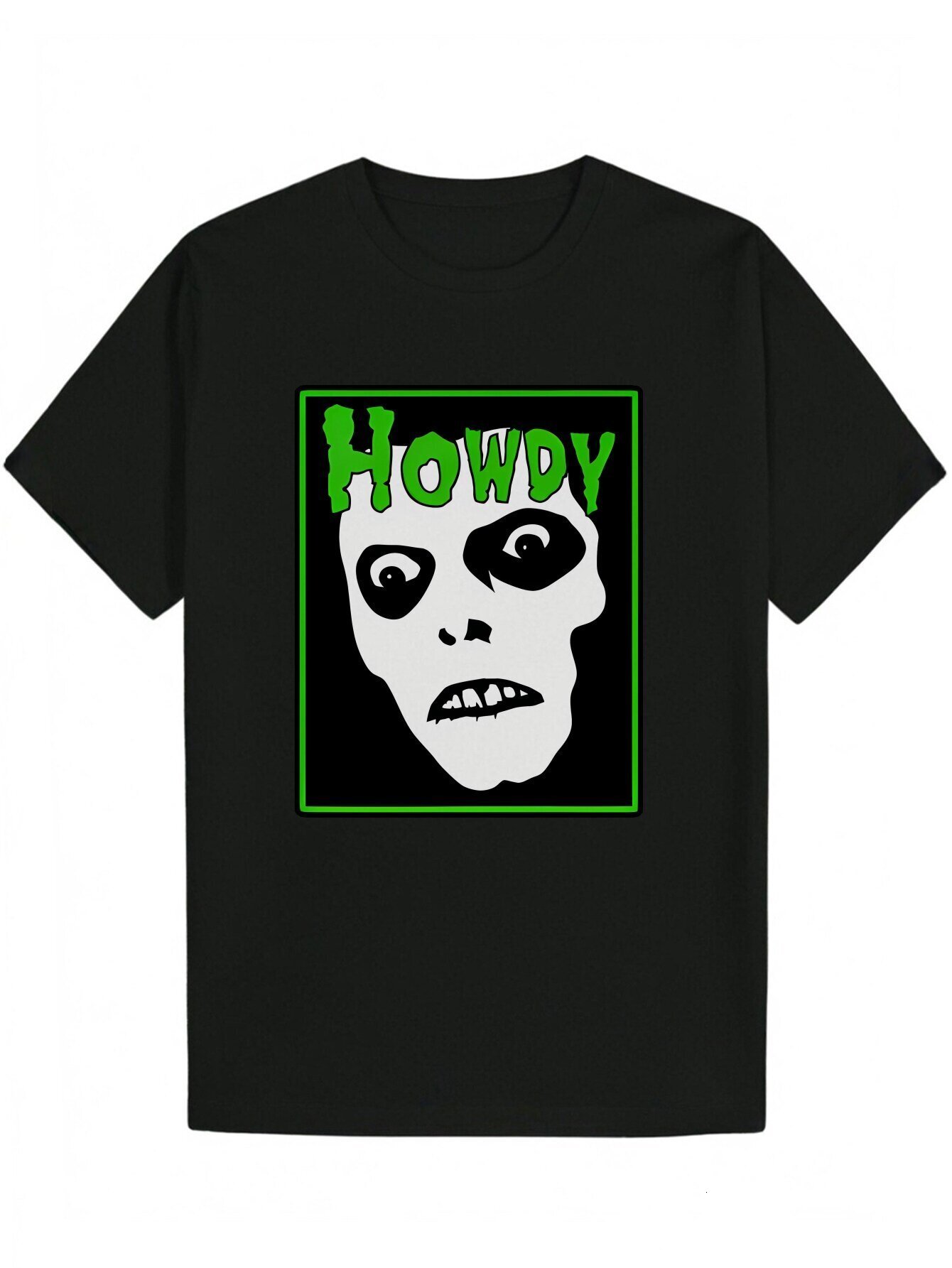 Men's T-Shirt with Skull 'HOWDY' Design - Green White Pattern, Polyester Fiber, Crew Neck, Lightweight and Breathable, Summer Casual We