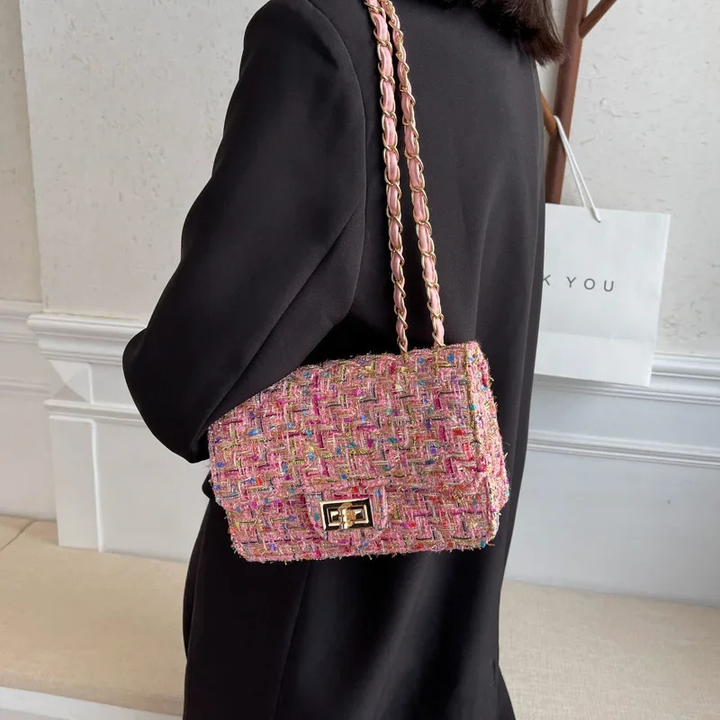 Fashionable Versatile Womens Bag Tweed Style Straw Bag Korean Version Chain Shoulder Crossbody Equipm Purses Ladies Handbags 250804