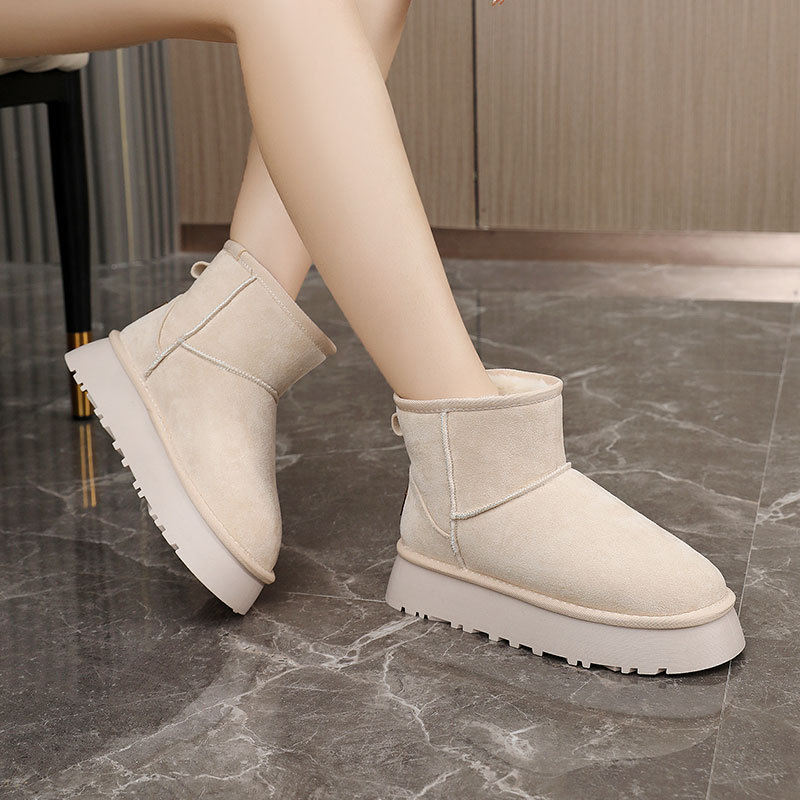 Women's Maroon Thick - soled Snow Boots 2025 Style Waterproof Short - shaft Inner - heightening Winter - warm Fleece - lined Bread - shaped Cotto